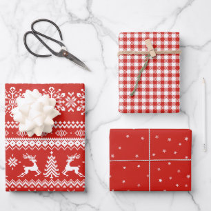 Red ugly Christmas sweater buffalo plaid and stars Wrapping Paper Sheet
