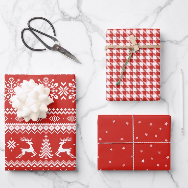 Red ugly Christmas sweater buffalo plaid and stars Wrapping Paper Sheet (Front)