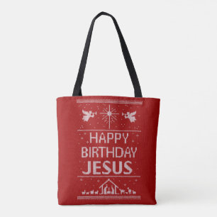 Red Ugly Christmas Sweater Happy Birthday Jesus Tote Bag