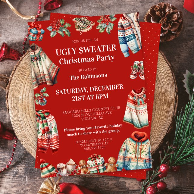 Red Ugly Christmas Sweater Jumper Holiday Party Invitation (Red ugly christmas sweater party invitation for ugliest jumper contest holiday party invites)