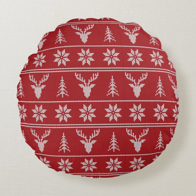 Red ugly Christmas sweater pattern  Round Cushion (Front)