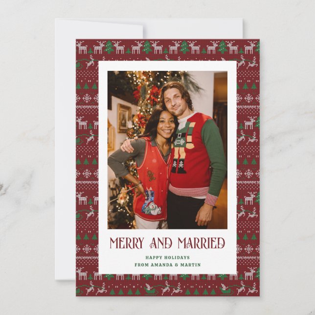 Red Ugly Sweater Merry and Married Photo Holiday Card (Front)