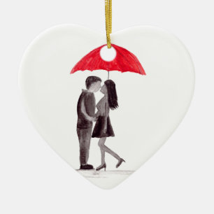 Red umbrella couple in love watercolour ceramic ornament