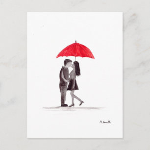 Red umbrella couple in love watercolour postcard