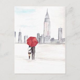 Red umbrella couple New York cool trendy wedding Postcard