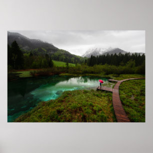 Red umbrella green lake poster