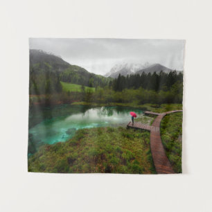 Red umbrella green lake tapestry