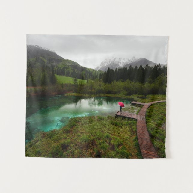 Red umbrella green lake tapestry (Front (Horizontal))