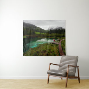 Red umbrella green lake tapestry
