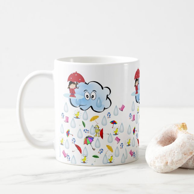 Red Umbrella Happy Clouds Rain  Mug (With Donut)