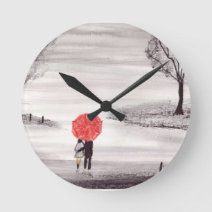 Red umbrella I Love You romantic Wedding rustic Round Clock