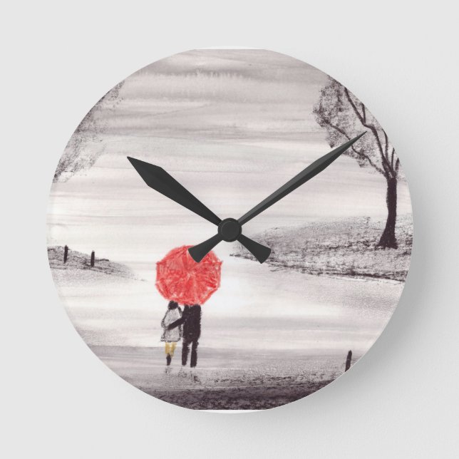 Red umbrella I Love You romantic Wedding rustic Round Clock (Front)