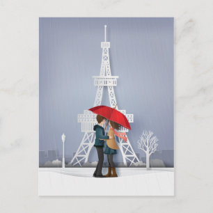 Red Umbrella In Paris Couple Postcard