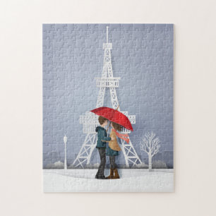 Red Umbrella In Paris Couple Valentines Jigsaw Puzzle