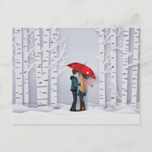 Red Umbrella In the Snow Couple Postcard