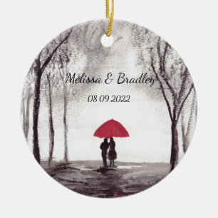 Red umbrella love couple Newlyweds Wedding  Ceramic Ornament