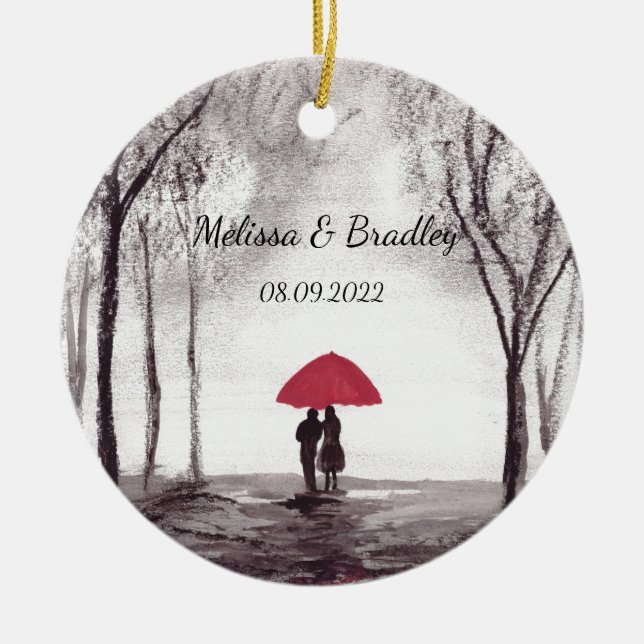 Red umbrella love couple Newlyweds Wedding  Ceramic Ornament (Front)
