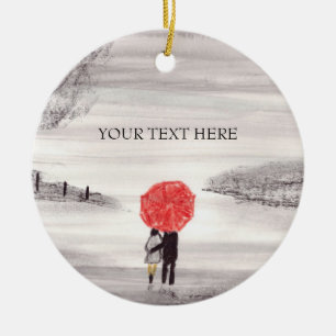 Red umbrella love couple postcard ceramic ornament