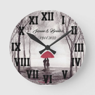 Red umbrella Love Couple Roman Numbers Wedding Round Clock