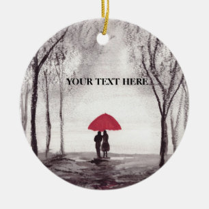 Red umbrella love couple round clock ceramic ornament