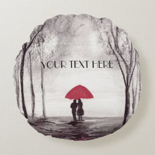 Red umbrella love couple round clock cushion