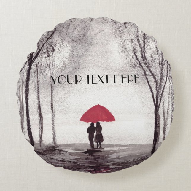 Red umbrella love couple round clock cushion (Front)