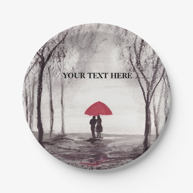 Red umbrella love couple round clock paper plate (Front)