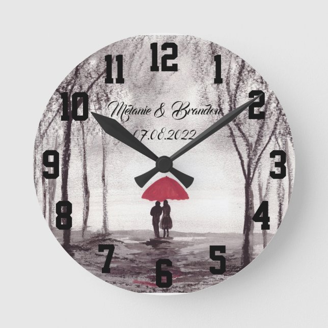 Red umbrella Love couple rustic romantic Wedding R Round Clock (Front)