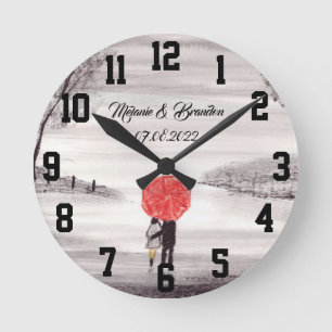 Red umbrella Love couple rustic romantic Wedding R Round Clock