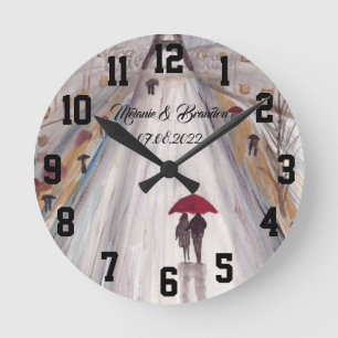 Red umbrella Love couple rustic romantic Wedding Round Clock