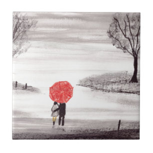 Red umbrella love couple rustic vintage wedding tile