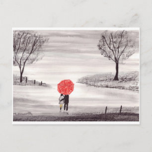 Red umbrella love couple watercolor wedding  postcard