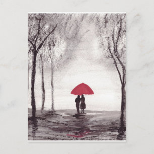 Red umbrella love couple wedding anniversary postcard