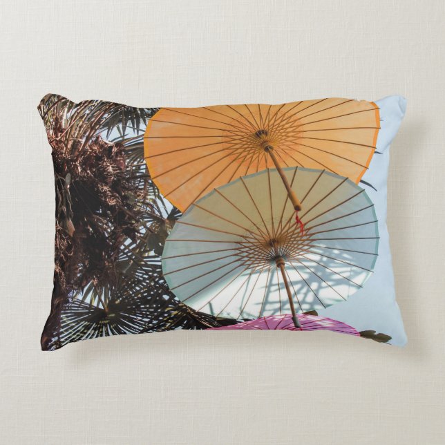 Red umbrella on green tree decorative cushion (Front)