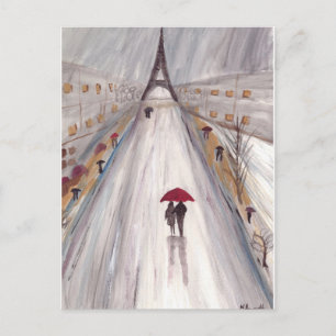 Red umbrella paris love couple postcard