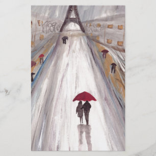 Red umbrella paris love couple stationery