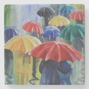 Red umbrella Rainbow umbrellas in rain painting Stone Coaster