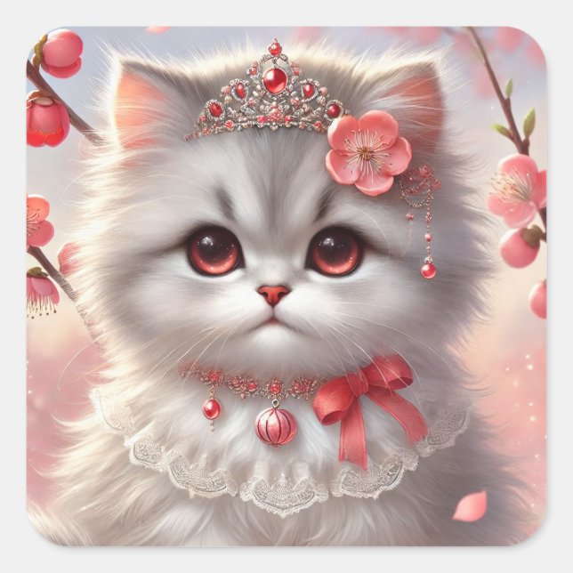 Red Ume Plum Blossom Princess Cat Square Sticker (Front)