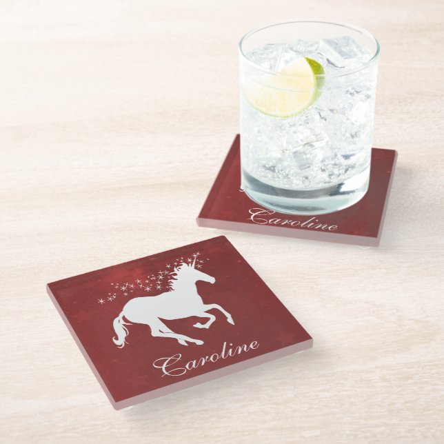Red Unicorn Personalised Glass Coaster (Angled)