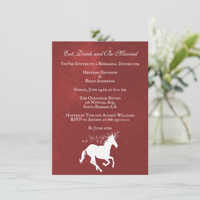 Red Unicorn Wedding Rehearsal Dinner Invite (Standing Front)