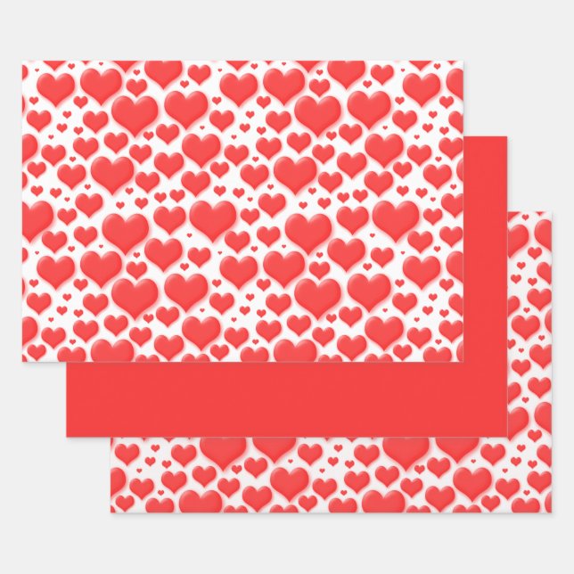 Red Valentine Hearts Floating Pattern Wrapping Paper Sheet (Set)