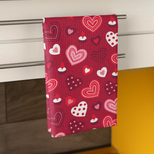 Red Valentine hearts pattern Tea Towel