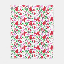 Red Valentine Hearts Pink Flowers Fleece Blanket