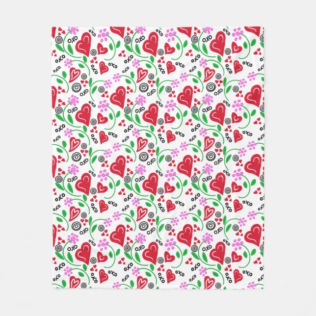 Red Valentine Hearts Pink Flowers Fleece Blanket (Front)