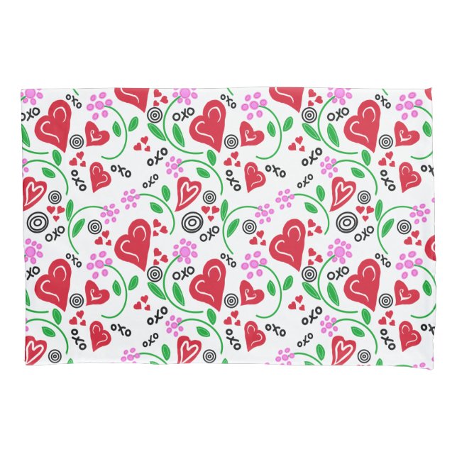 Red Valentine Hearts Pink Flowers Pillowcase (Front-Left)