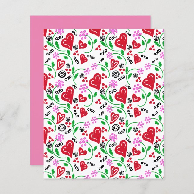 Red Valentine Hearts Pink Flowers Scrapbook Paper (Front/Back)