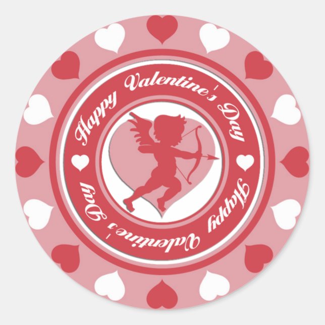 Red Valentine's Day Cupid and Hearts Classic Round Sticker (Front)