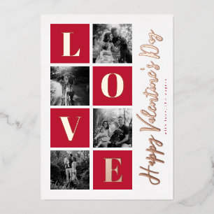Red Valentine's Day LOVE Photo Grid Foil Holiday Card