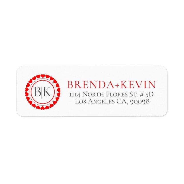 Red Valentines Heart Circle Custom Monogram Return Address Label (Front)