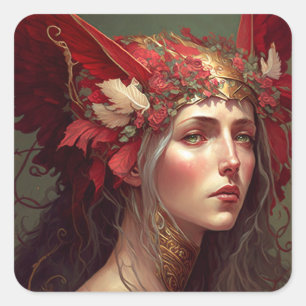 Red Valkyrie Woman Fantasy Art Square Sticker